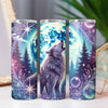 three travel mugs with a wolf on the front and a wolf on the back